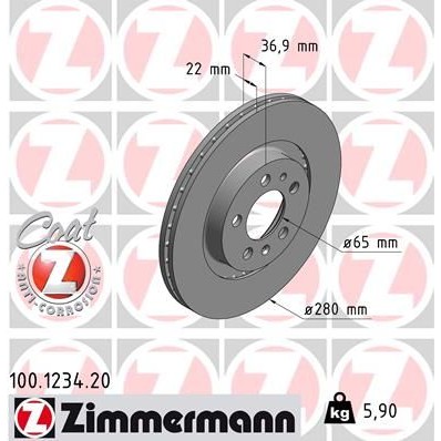 Снимка на Спирачен диск ZIMMERMANN COAT Z 100.1234.20 за Audi A3 (8L1) 1.9 TDI - 110 коня дизел