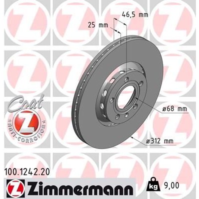 Снимка на Спирачен диск ZIMMERMANN COAT Z 100.1242.20 за Audi A4 Sedan (8E2, B6) 1.9 TDI quattro - 130 коня дизел