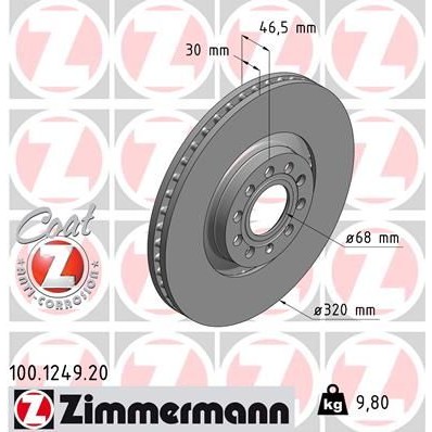 Снимка на Спирачен диск ZIMMERMANN COAT Z 100.1249.20 за Audi A4 Convertible (8H, 8E, B7) 3.0 TDI quattro - 204 коня дизел