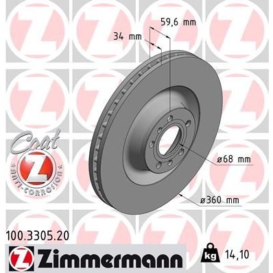 Снимка на Спирачен диск ZIMMERMANN COAT Z 100.3305.20 за Audi A8 Limousine (4E) 4.2 FSI quattro - 350 коня бензин