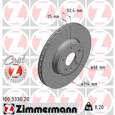 Снимка на Спирачен диск ZIMMERMANN COAT Z 100.3330.20 за Audi A4 Sedan (8K2, B8) 2.7 TDI - 163 коня дизел