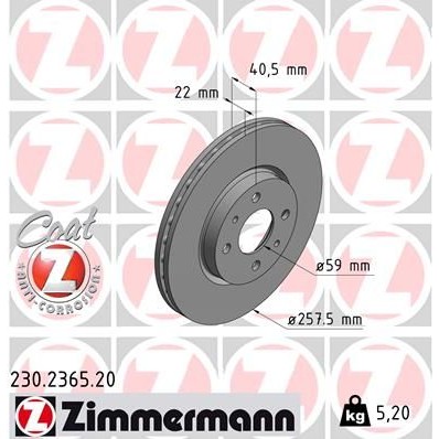 Снимка на Спирачен диск ZIMMERMANN COAT Z 230.2365.20 за Fiat Fiorino BOX,Estate 225 1.3 D Multijet (225BXD1A, 225BXB1A, 225BXB11) - 75 коня дизел