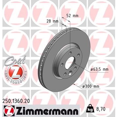 Снимка на Спирачен диск ZIMMERMANN COAT Z 250.1360.20 за Volvo V60 T5 - 240 коня бензин