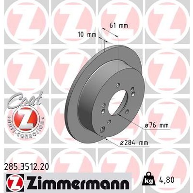 Снимка на Спирачен диск ZIMMERMANN COAT Z 285.3512.20 за Kia Sportage (SL) 2.0 CVVT - 163 коня бензин