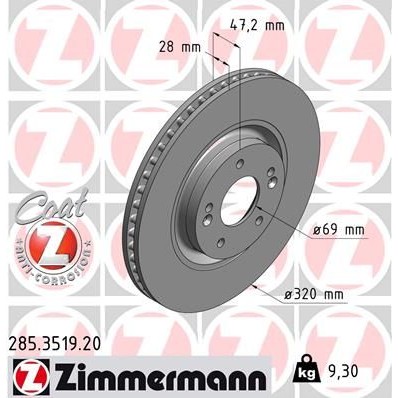 Снимка на Спирачен диск ZIMMERMANN COAT Z 285.3519.20 за Kia Cee'd 2012 1.6 GDI - 135 коня бензин