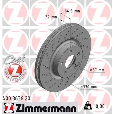 Снимка на Спирачен диск ZIMMERMANN COAT Z 400.3636.20 за Mercedes E-class Saloon (w211) E 230 (211.052) - 204 коня бензин