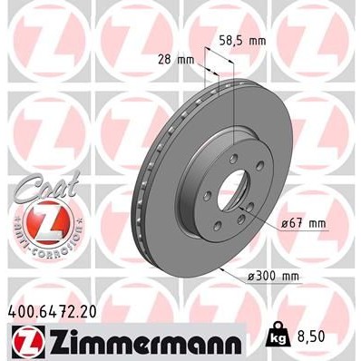 Снимка на Спирачен диск ZIMMERMANN COAT Z 400.6472.20 за Mercedes Vito BOX (w639) 119 (639.601, 639.603, 639.605) - 190 коня бензин