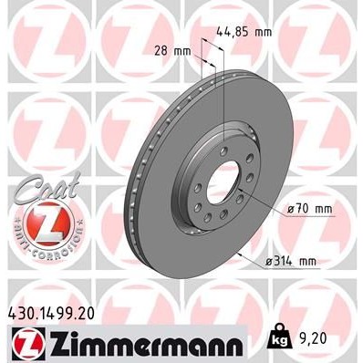 Снимка на Спирачен диск ZIMMERMANN COAT Z 430.1499.20 за Saab 9-3x Estate 2.0 t BioPower XWD - 209 коня Бензин/Етанол