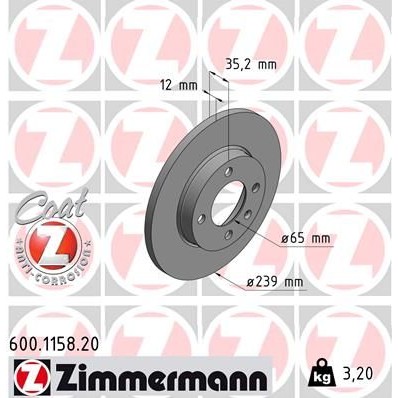 Снимка на Спирачен диск ZIMMERMANN COAT Z 600.1158.20 за Seat Ibiza 2 (6K2) 1.4 i - 60 коня бензин