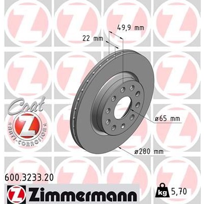 Снимка на Спирачен диск ZIMMERMANN COAT Z 600.3233.20 за VW Beetle (5C1) 2.5 - 170 коня бензин