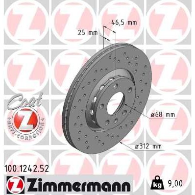 Снимка на Спирачен диск ZIMMERMANN SPORT COAT Z 100.1242.52 за Audi A4 Sedan (8EC, B7) 2.0 TFSI quattro - 200 коня бензин