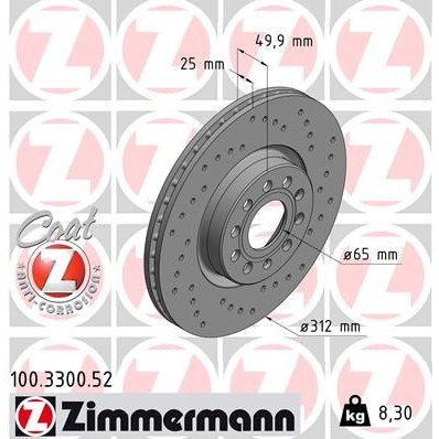 Снимка на Спирачен диск ZIMMERMANN SPORT COAT Z 100.3300.52 за Audi A3 Sportback (8PA) 1.4 TFSI - 125 коня бензин