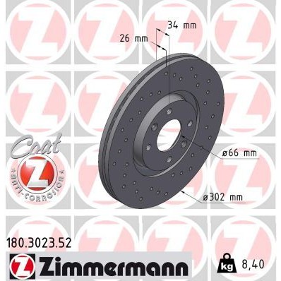 Снимка на Спирачен диск ZIMMERMANN SPORT COAT Z 180.3023.52 за Peugeot 307 Estate (3E) 2.0 HDi 135 - 136 коня дизел