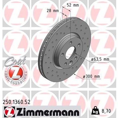 Снимка на Спирачен диск ZIMMERMANN SPORT COAT Z 250.1360.52 за Volvo XC 70 Estate D5 AWD - 185 коня дизел