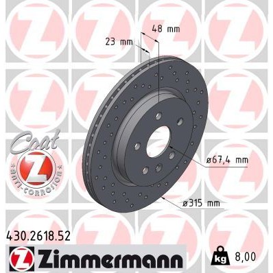 Снимка на Спирачен диск ZIMMERMANN SPORT COAT Z 430.2618.52 за Opel Insignia Hatchback 2.0 CDTI 4x4 (68) - 170 коня дизел