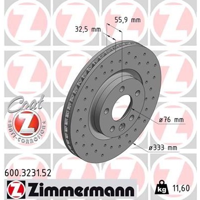 Снимка на Спирачен диск ZIMMERMANN SPORT COAT Z 600.3231.52 за VW Transporter T5 Bus 2.5 TDI 4motion - 174 коня дизел