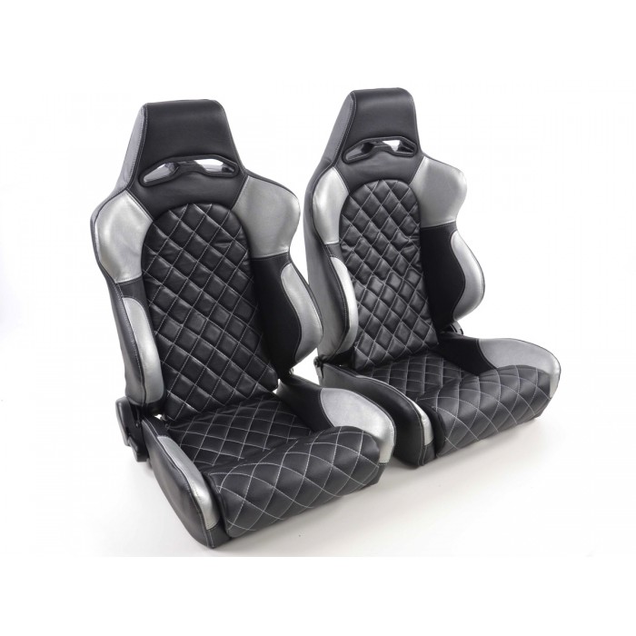 Снимка на Спортни седалки комплект 2 бр. Las Vegas еко кожа черни/сребърни шев сребърни FK Automotive FKRSE011029
