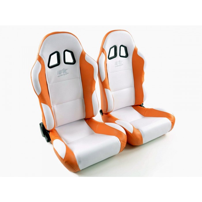 Снимка на Спортни седалки комплект 2 бр. Miami еко кожа бели/оранжеви FK Automotive FKRSE010061 за Alfa Romeo 155 (167) Sedan 2.5 V6 (167.A1C, 167.A1E) - 163 коня бензин
